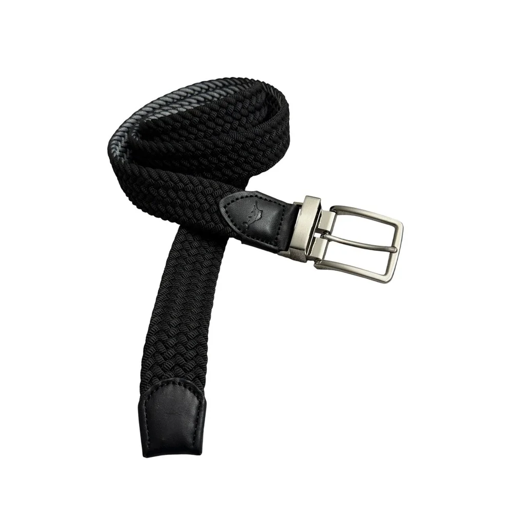 Tommy Bahama Belt Mens L/XL Black Reversible Braided Stretch Woven Leather Grey